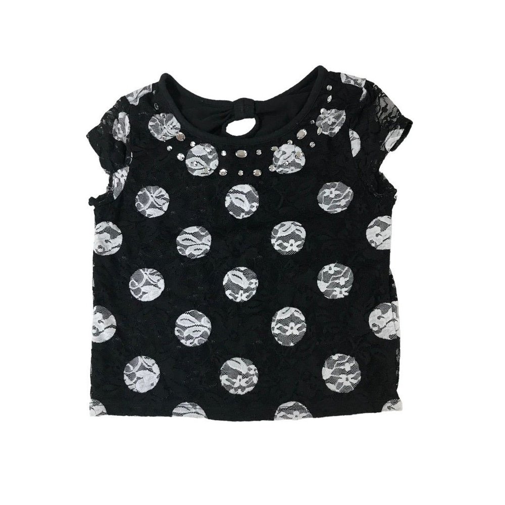 10 Justice‎ Girls Black Short Sleeve Top White Lace Circles Lined